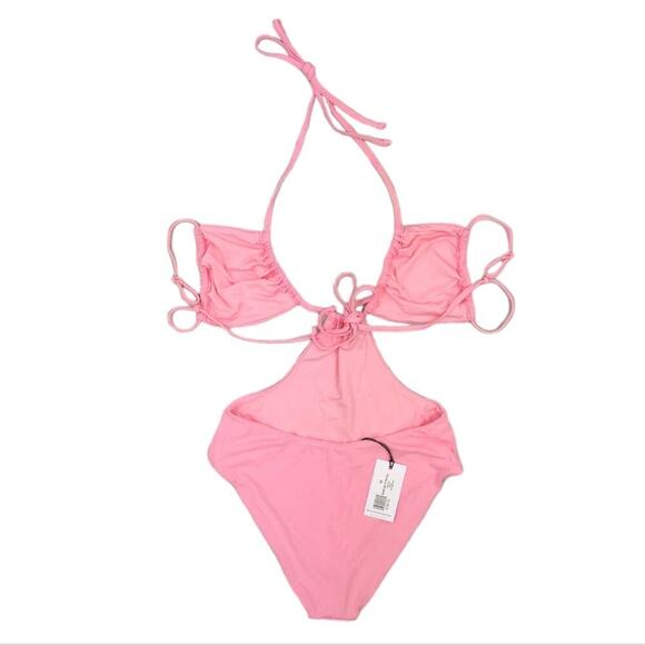 WeWoreWhat Cut Out One Piece Swimsuit Baby Pink Halter Runched Cup Tie - Picture 11 of 16